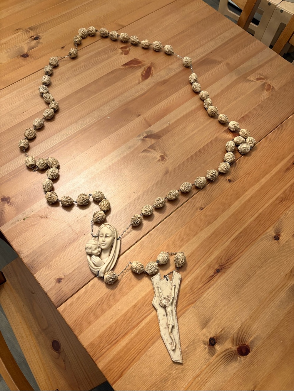 Vintage Italian Carved Alabaster Resin Wall Rosary Mother Mary Jesus Medallion